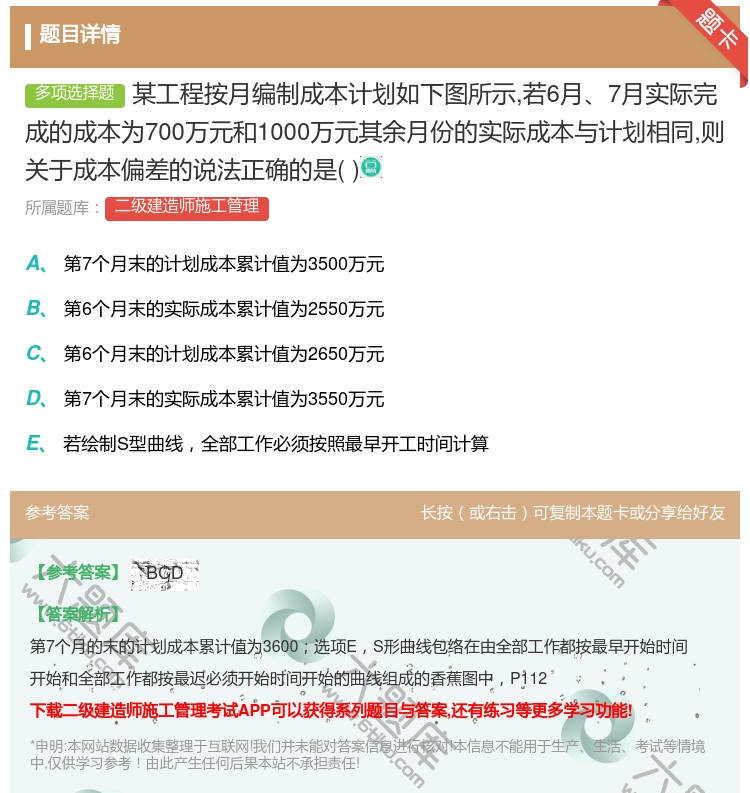 答案:某工程按月编制成本计划如下图所示若6月7月实际完成的成本为7...