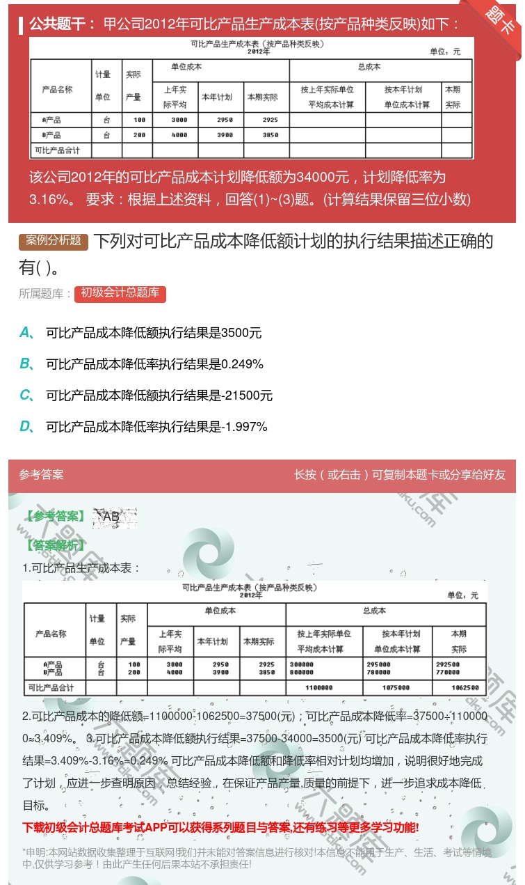 答案:下列对可比产品成本降低额计划的执行结果描述正确的有...