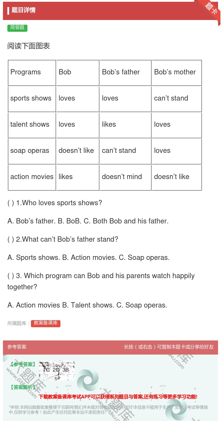答案:阅读下面图表ProgramsBobBob’sfatherBo...
