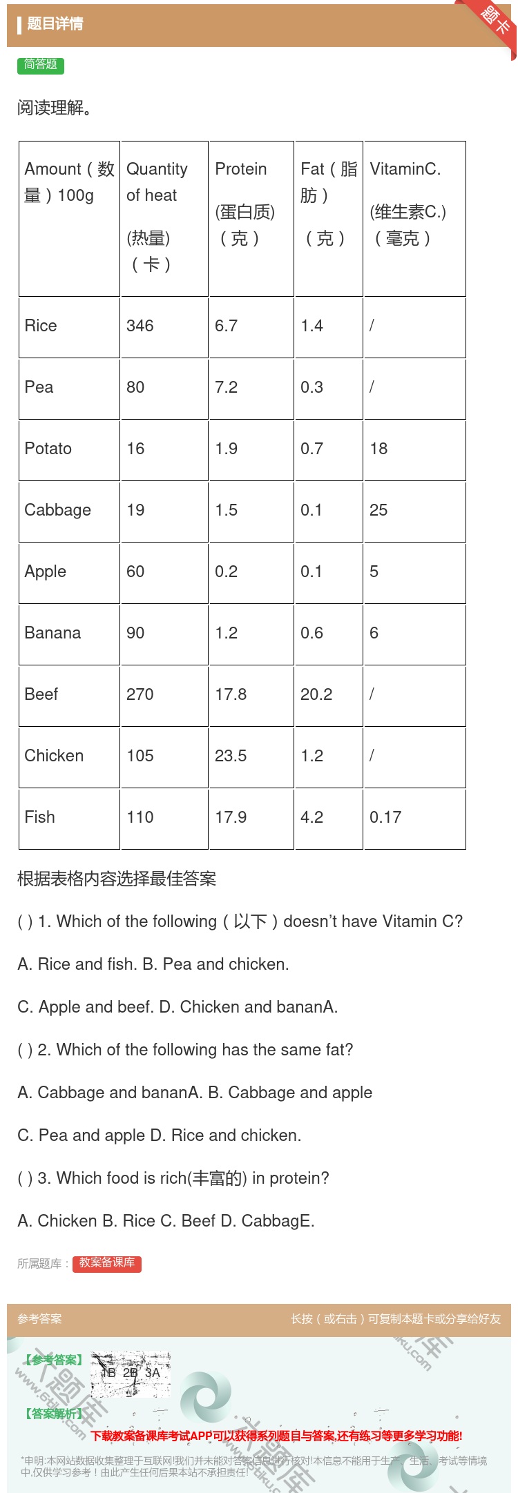 答案:阅读理解Amount数量100gQuantityofheat...