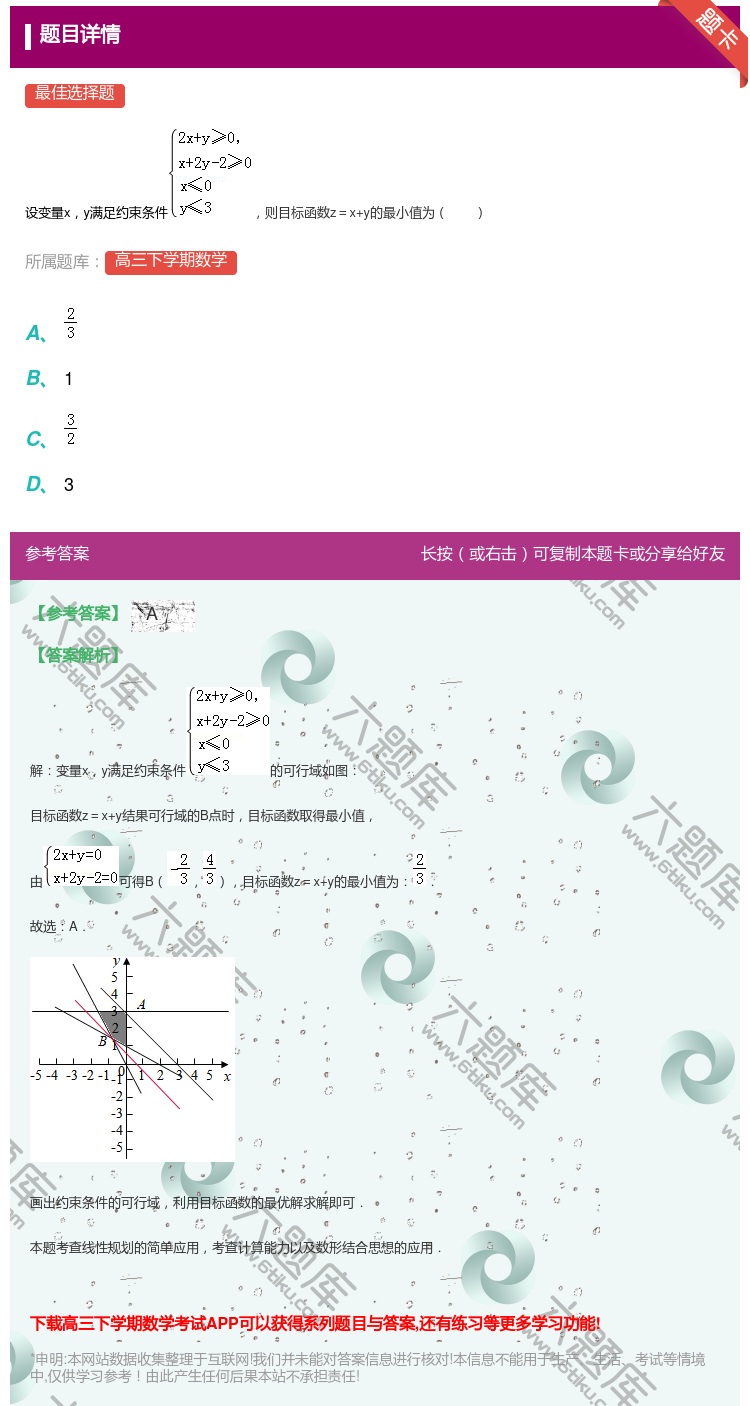 答案:
设变量xy满足约束条件则目标函数z=x+y的最小值为
...