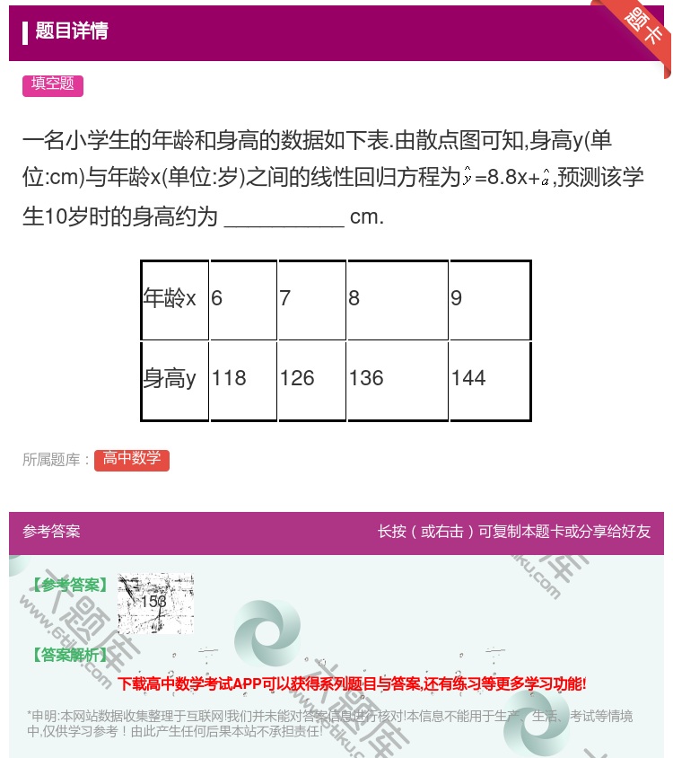 答案:一名小学生的年龄和身高的数据如下表.由散点图可知身高y单位:...