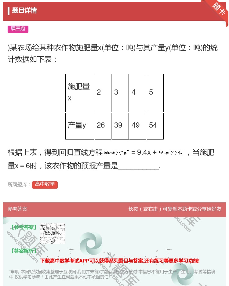 答案:某农场给某种农作物施肥量x单位吨与其产量y单位吨的统计数据如...
