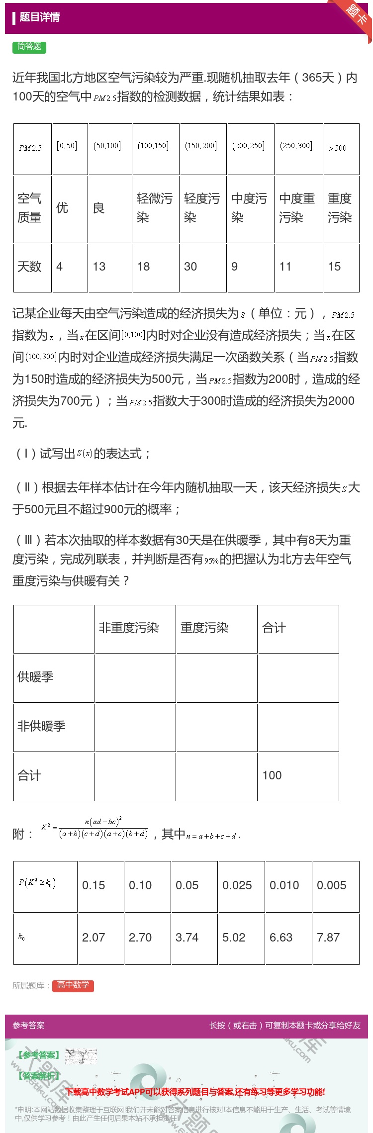 答案:近年我国北方地区空气污染较为严重.现随机抽取去年365天内1...