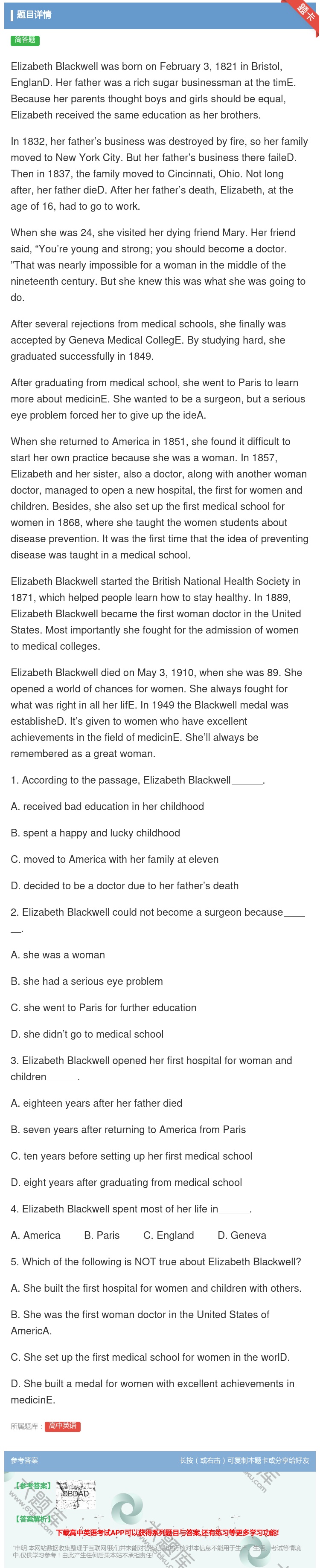 答案:ElizabethBlackwellwasbornonFeb...