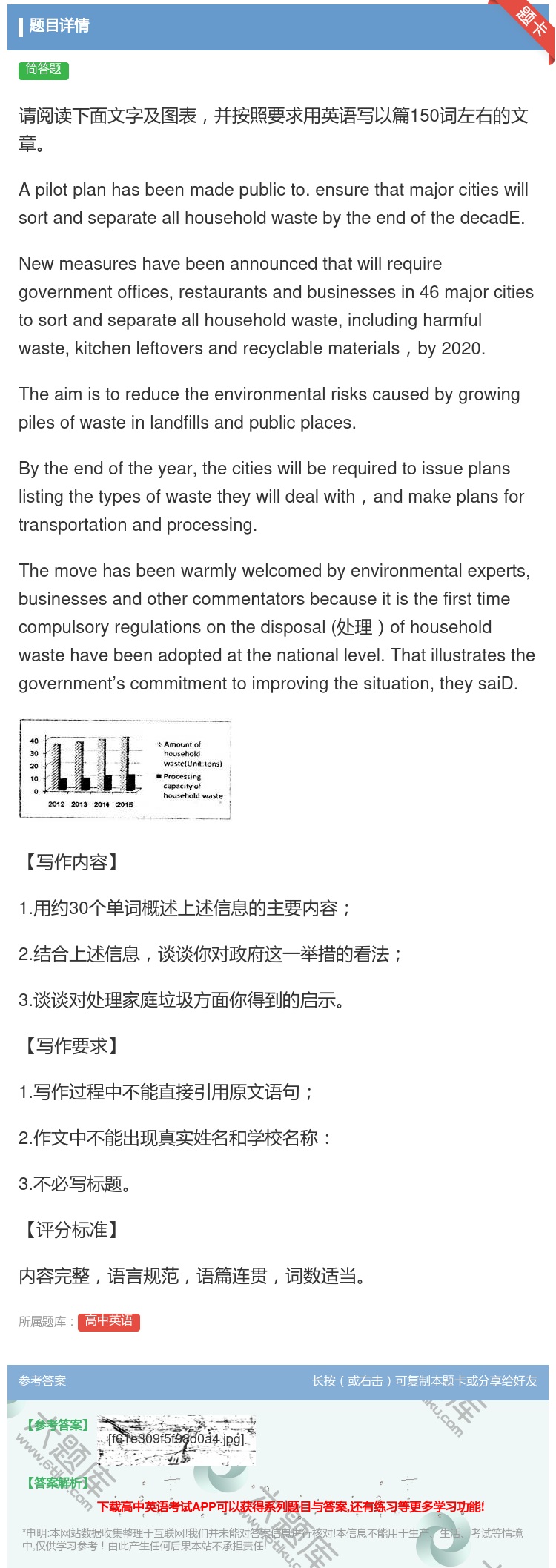 答案:请阅读下面文字及图表并按照要求用英语写以篇150词左右的文章...