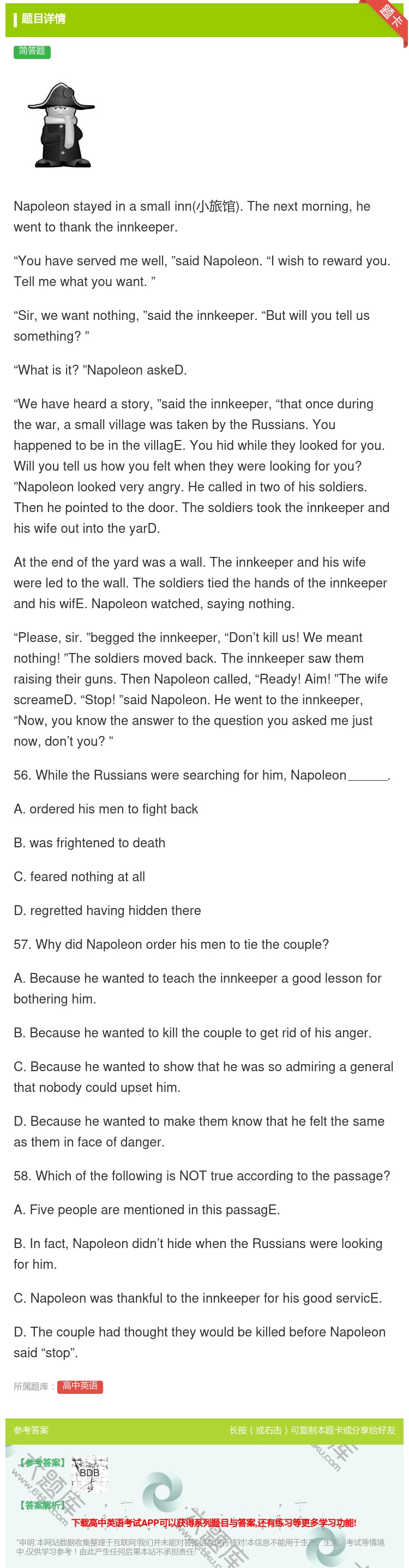 答案:Napoleonstayedinasmallinn小旅馆.T...