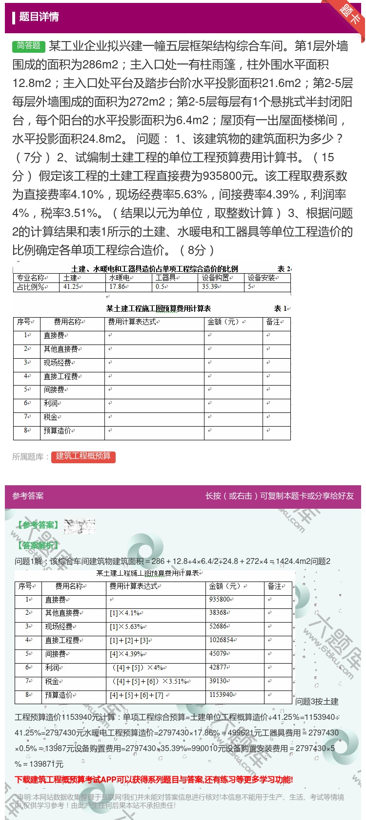 答案:某工业企业拟兴建一幢五层框架结构综合车间第1层外墙围成的面积...