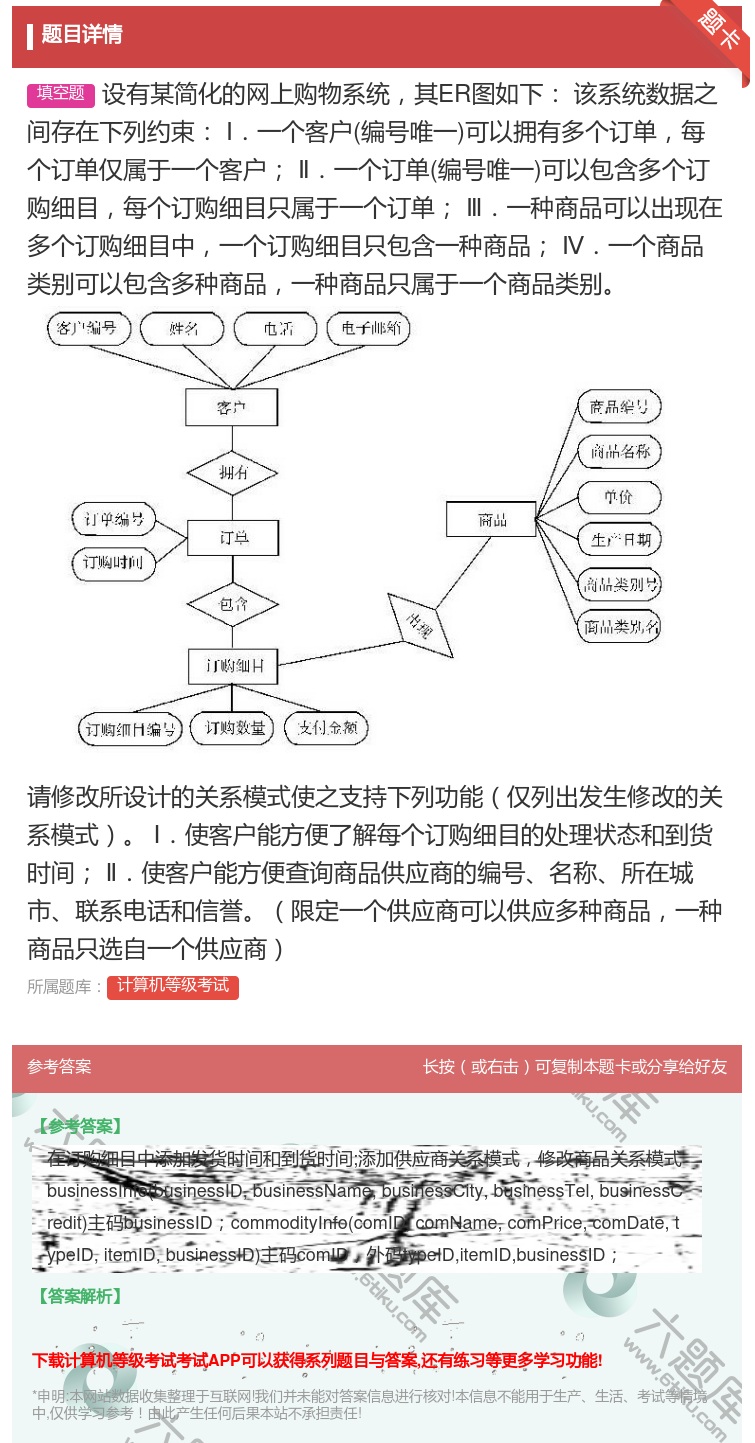 答案:
设有某简化的网上购物系统其ER图如下该系统数据之间存在...