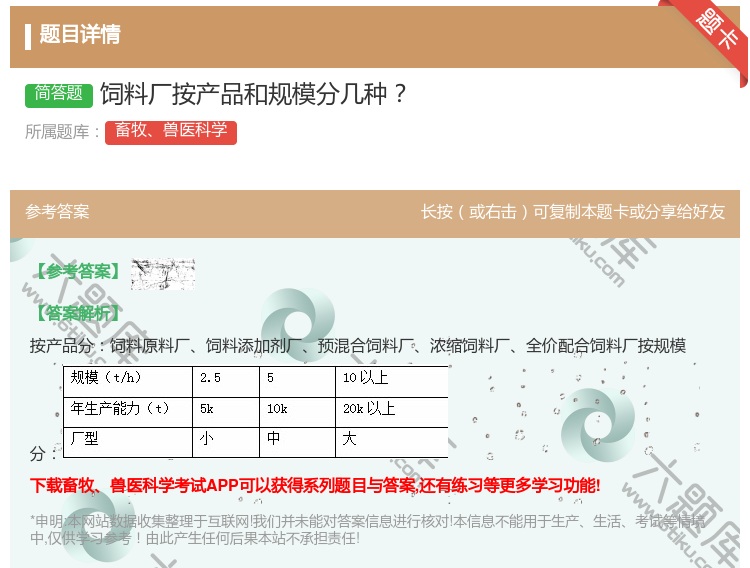 答案:饲料厂按产品和规模分几种...